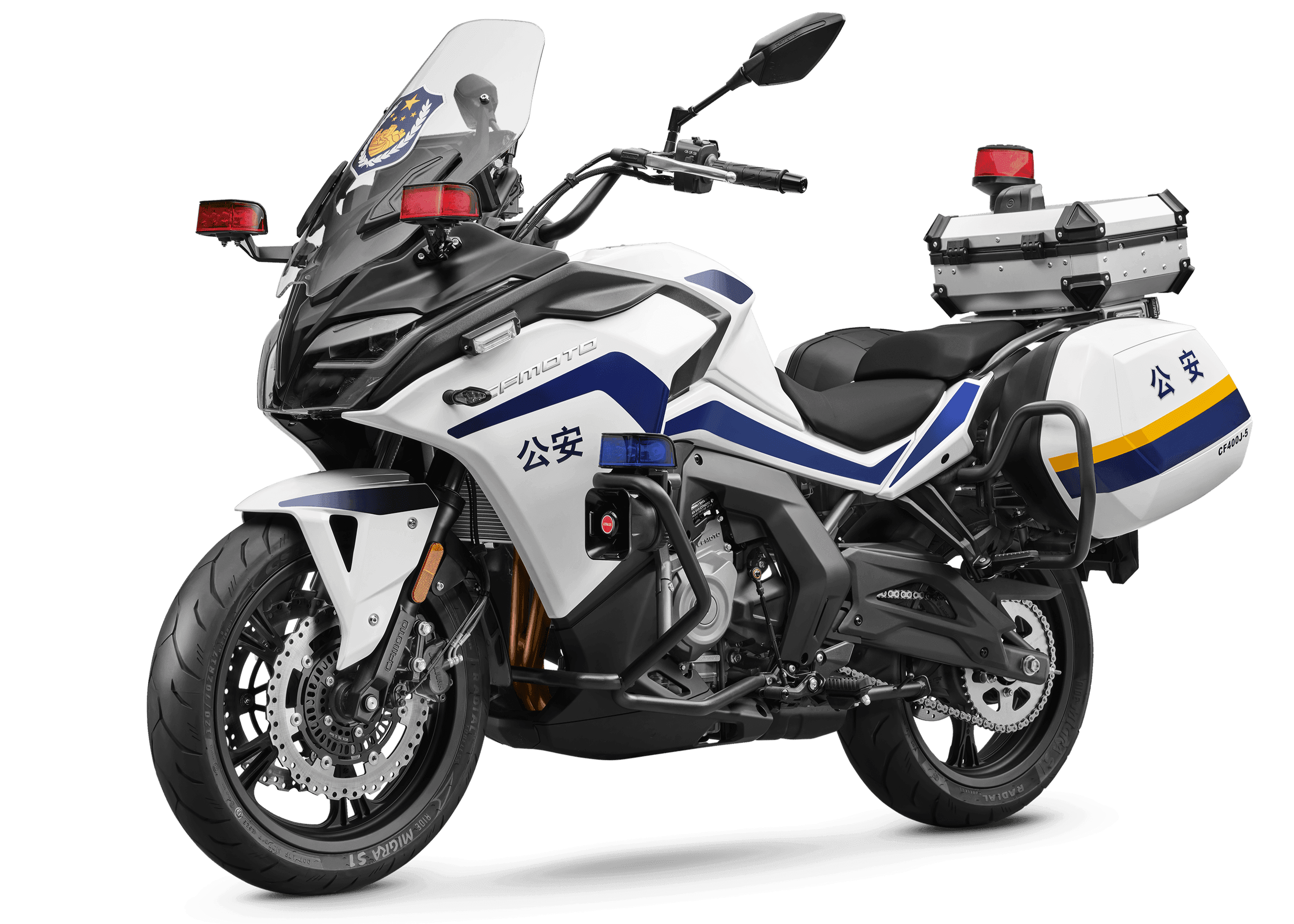 White police motorcycle, front angled view, showing saddlebags and "公安" (Gōng'ān) text.