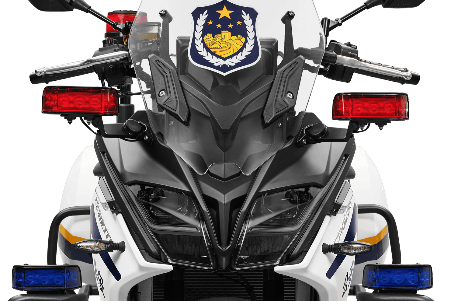 Front view of a white police motorcycle with a shield emblem and red/blue warning lights.