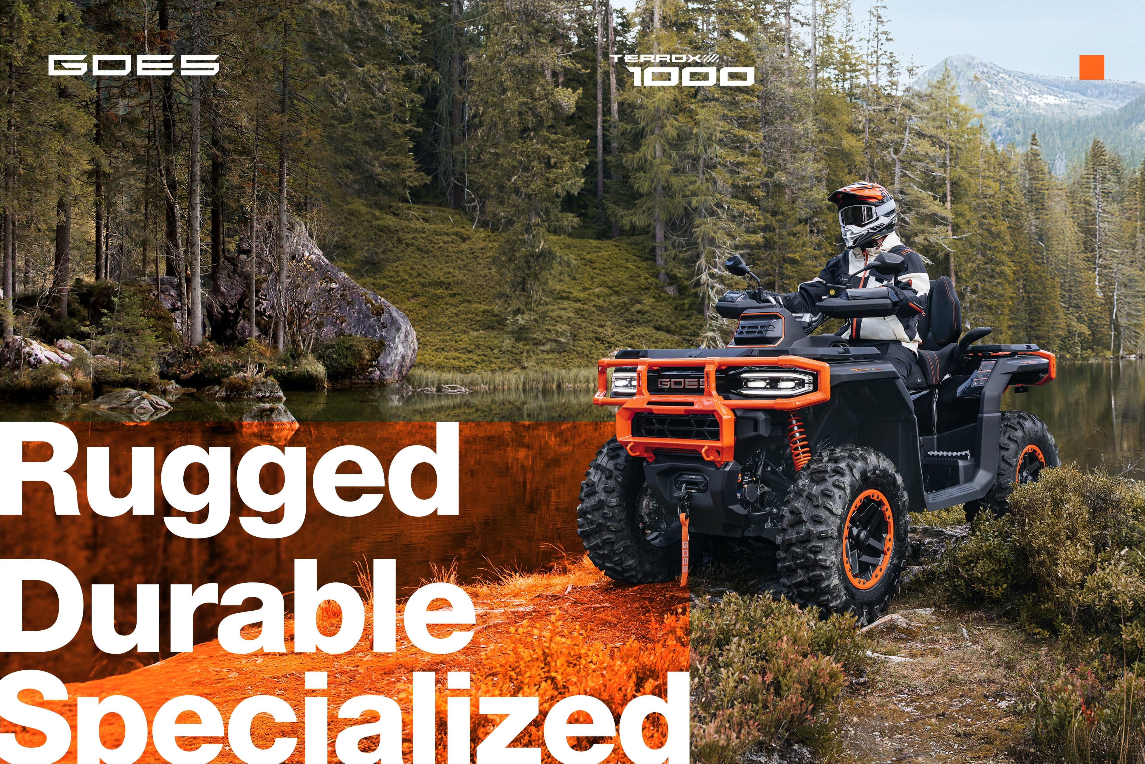 Person riding a black and orange ATV through a rugged, forested landscape with water.