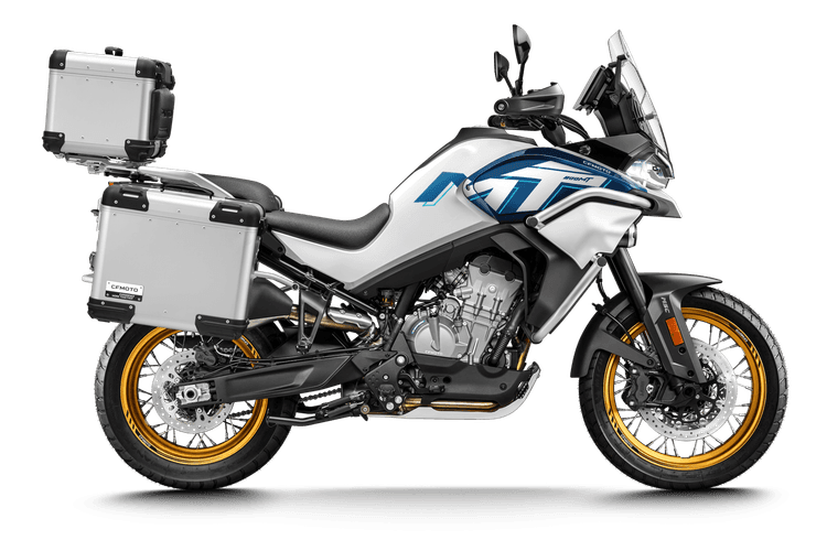 White and blue CFMOTO 800MT adventure motorcycle with silver side cases and gold wheels.