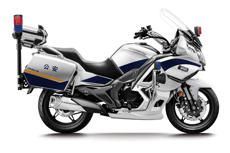 White police motorcycle with blue stripes, red and blue lights, and '公安' text on saddlebags.