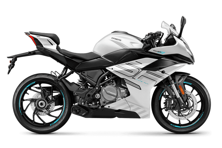 White and black sport motorcycle with blue accents on its wheels, parked.