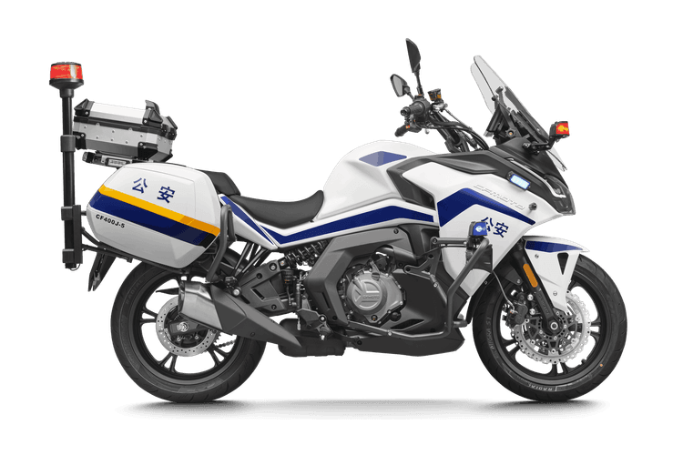 White police motorcycle with blue and gold stripes, emergency lights, and '公安' text on side.