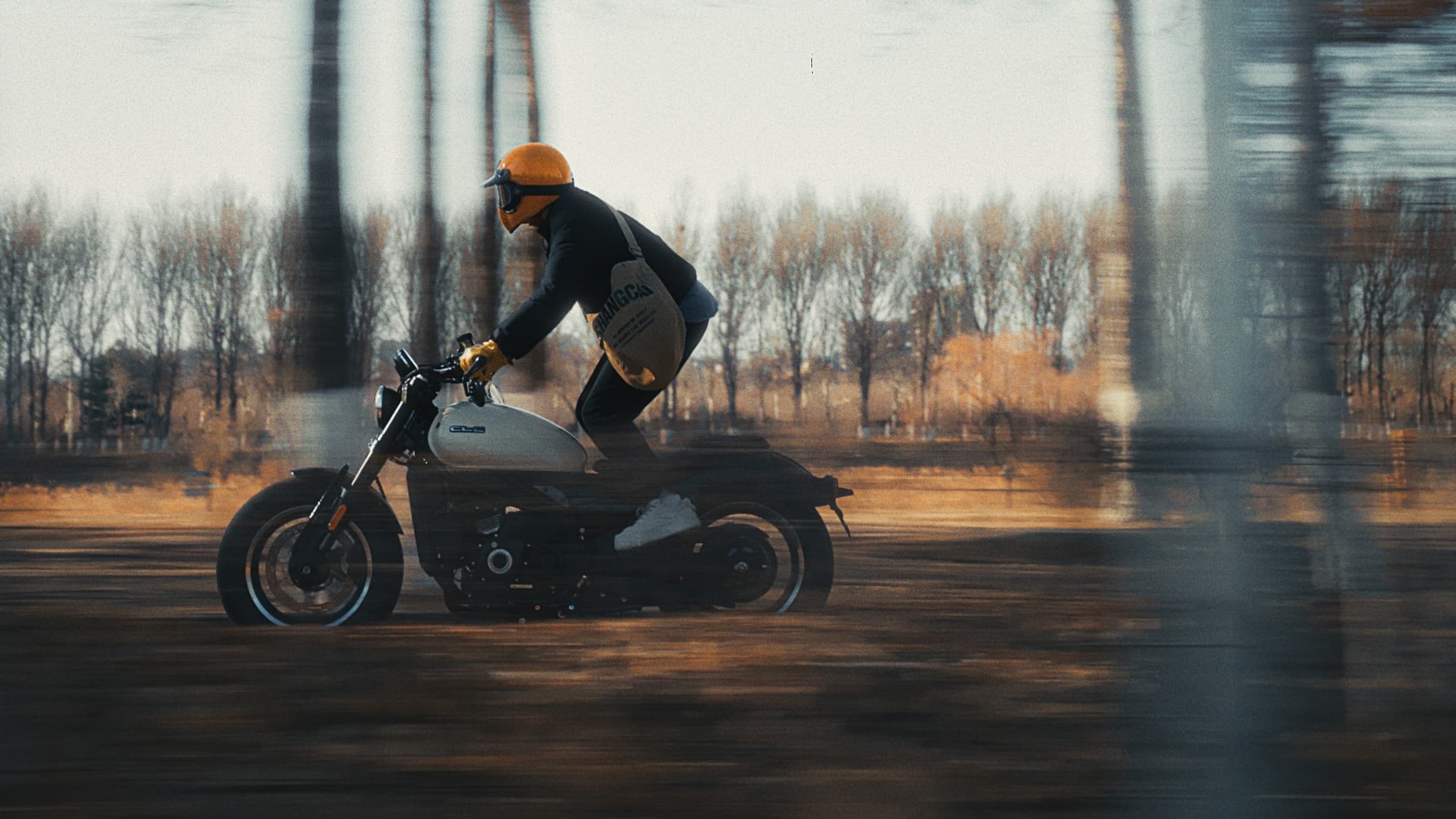 A motorcyclist in a helmet rides a bike at speed past blurred bare trees.