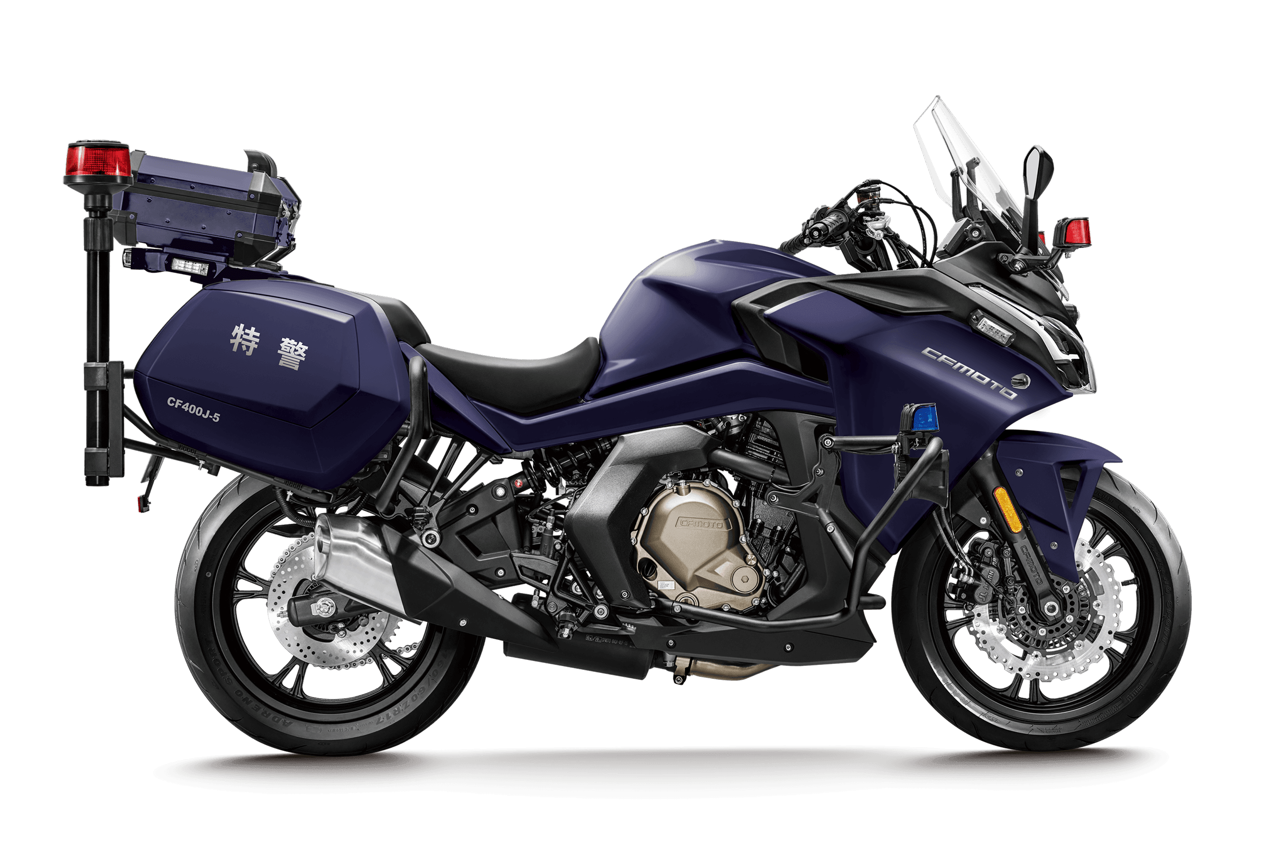 Dark blue police touring motorcycle with red and blue lights and side cases.