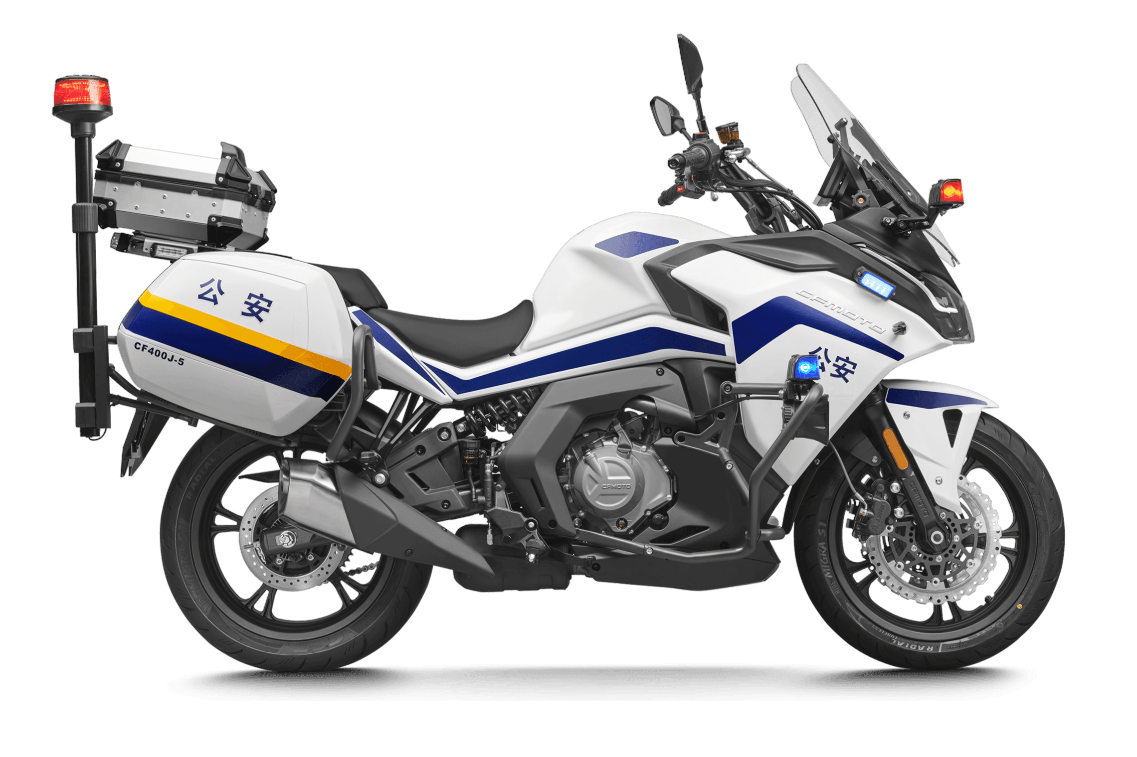 White police motorcycle with blue stripes, emergency lights, and Chinese '公安' text.