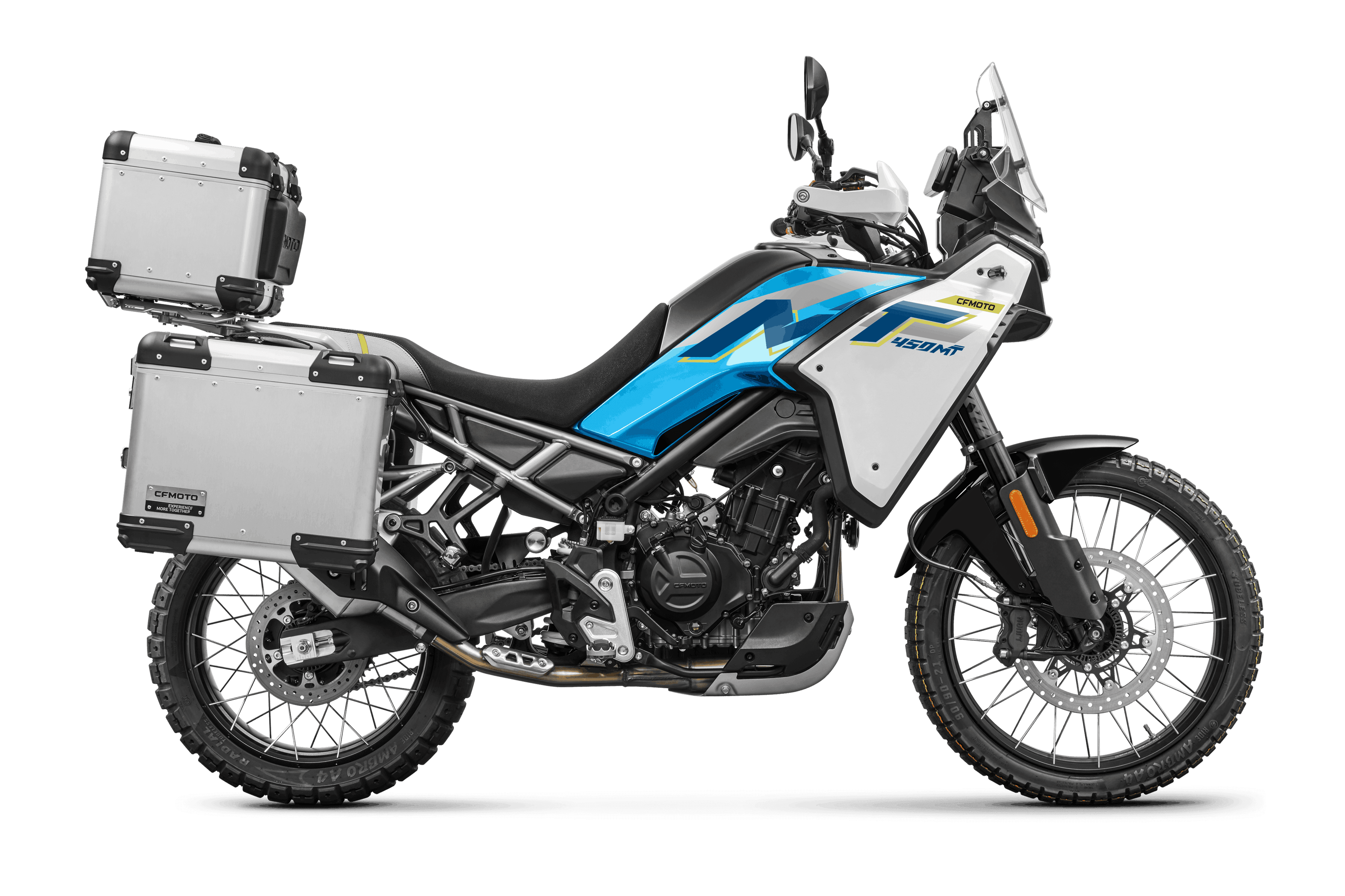 White, blue, and black adventure motorcycle featuring prominent silver aluminum luggage panniers.