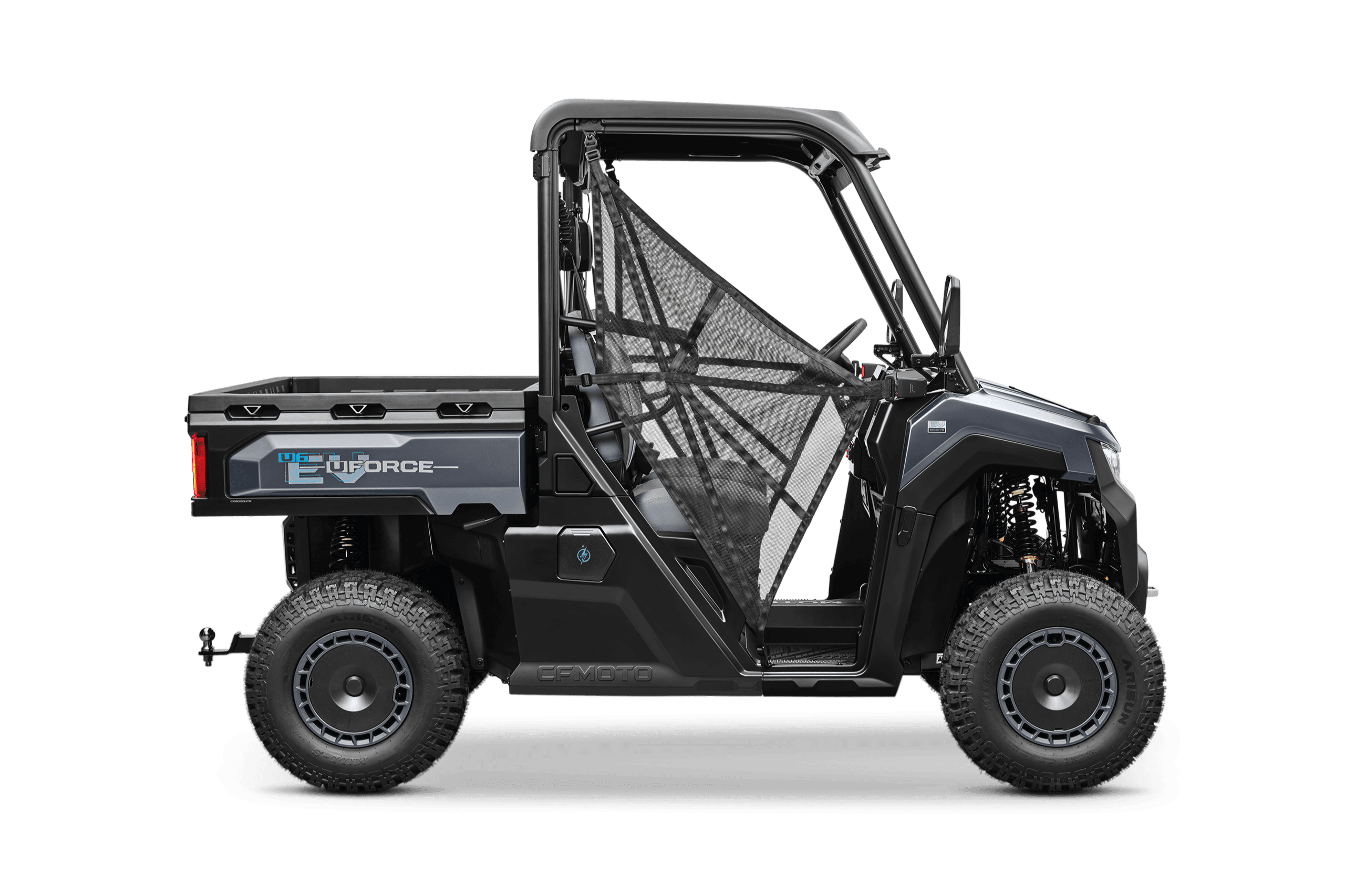 Dark grey utility vehicle with an open cargo bed and 'FORCE' branding, viewed from the side.