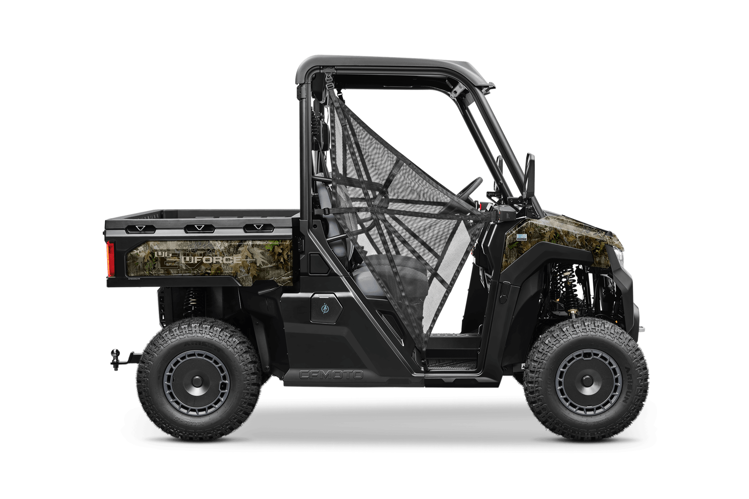 Dark utility vehicle with a camouflage pattern on the cargo bed, viewed from the side.